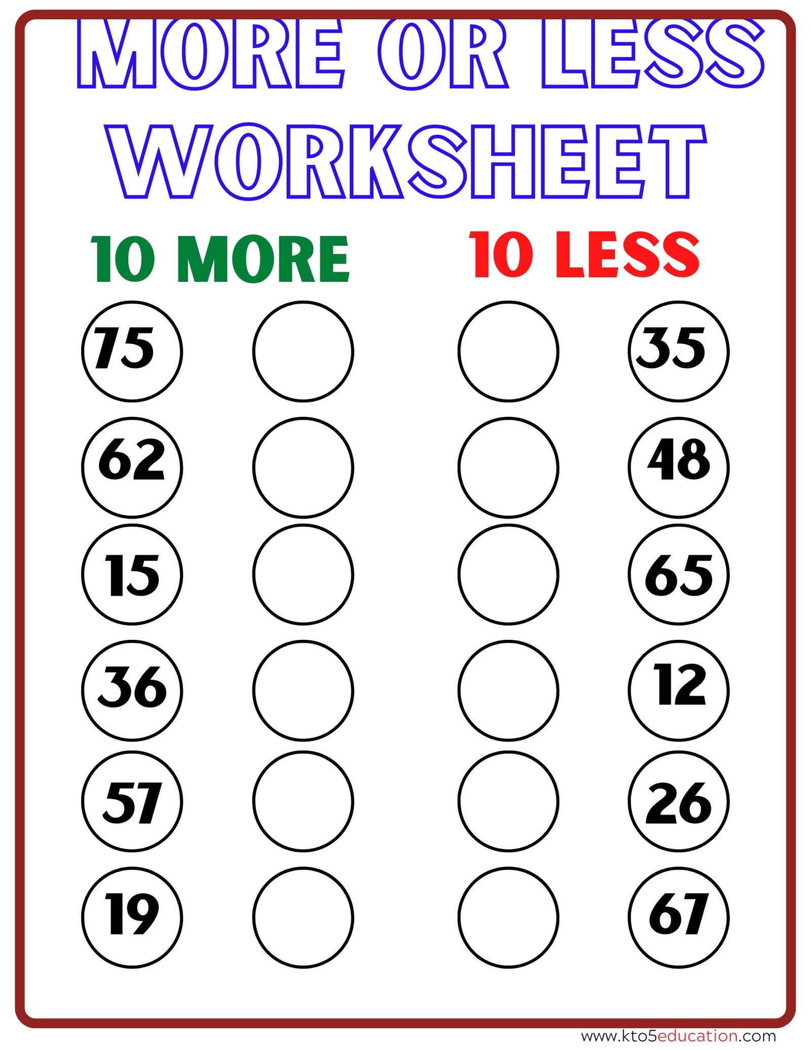 10 More 10 Less Worksheet ks