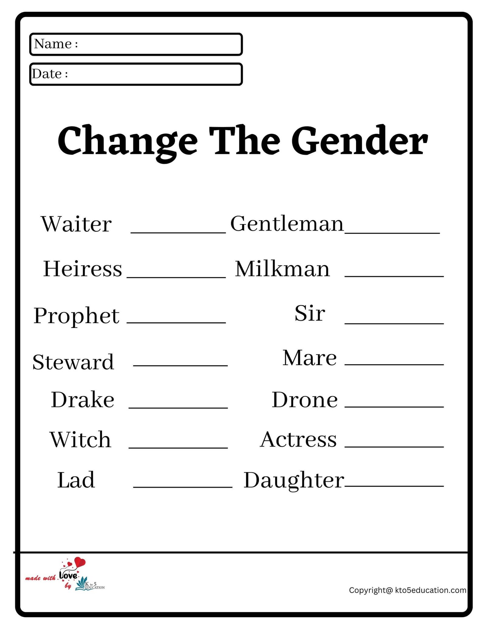 Change The Gender Worksheet