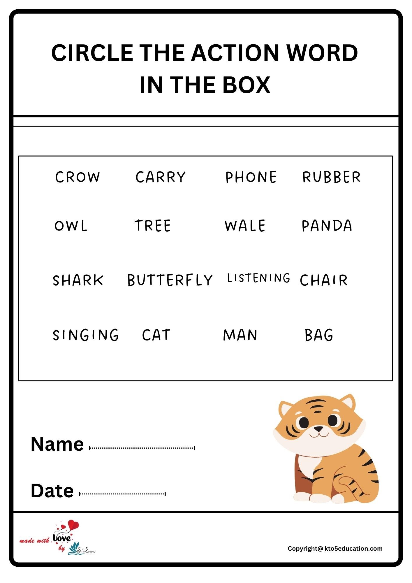 Circle The Action Word In The Box Worksheet