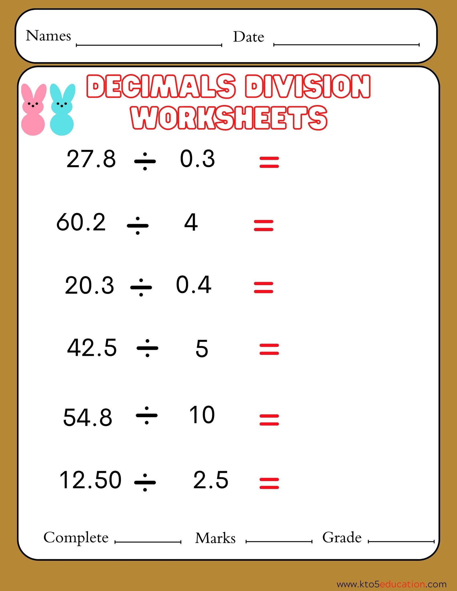 Decimal Division Worksheet Fifth Grades