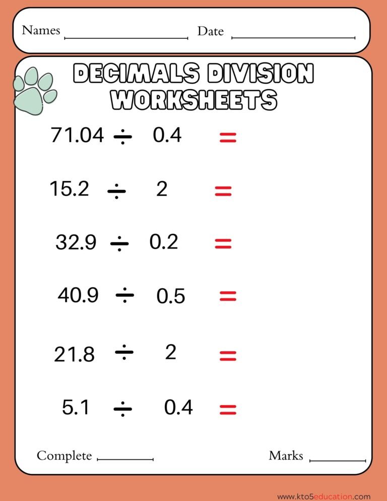 Decimal Division Worksheet Forth Grades