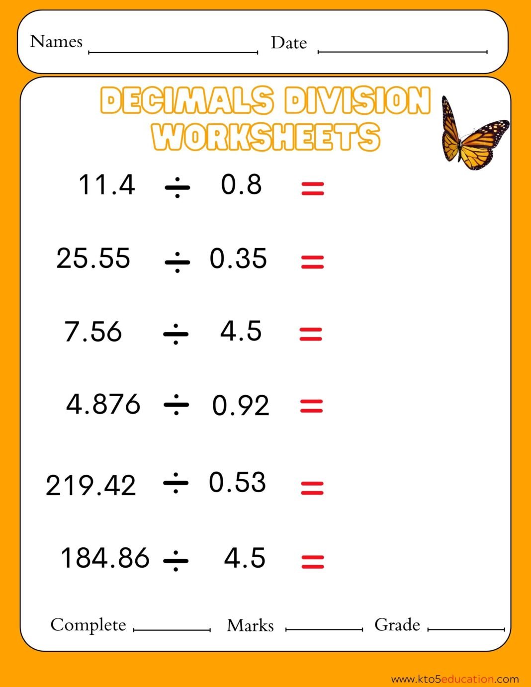 Decimal Division Worksheet Sixth Grades FREE Download