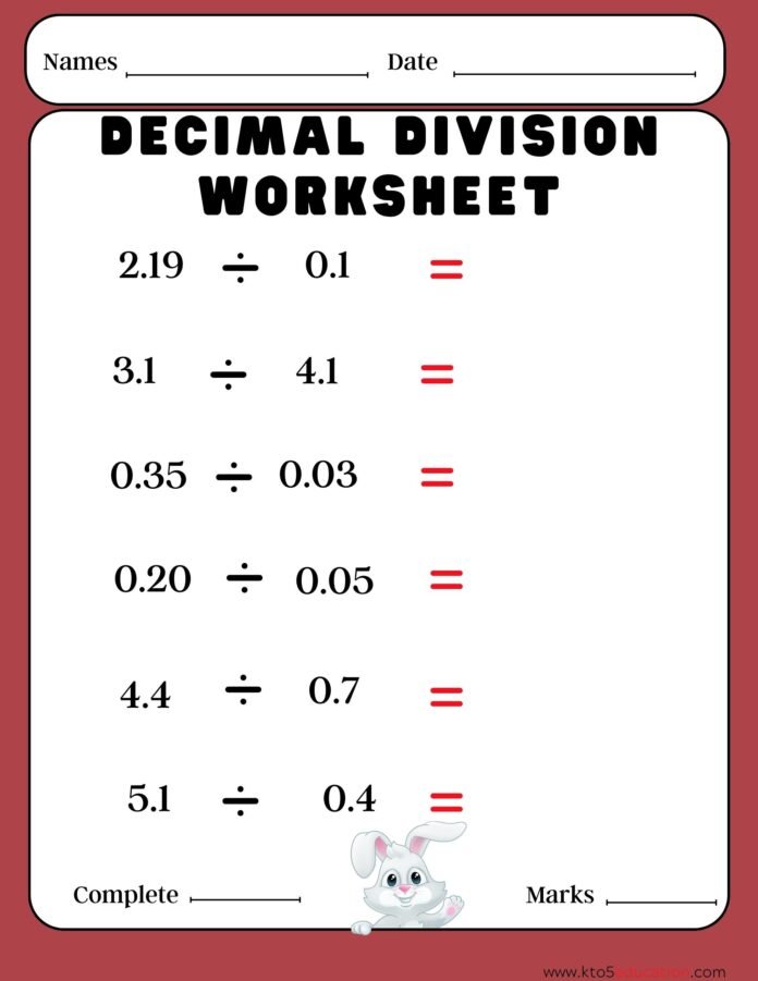 Decimal Division Worksheet Third Grades