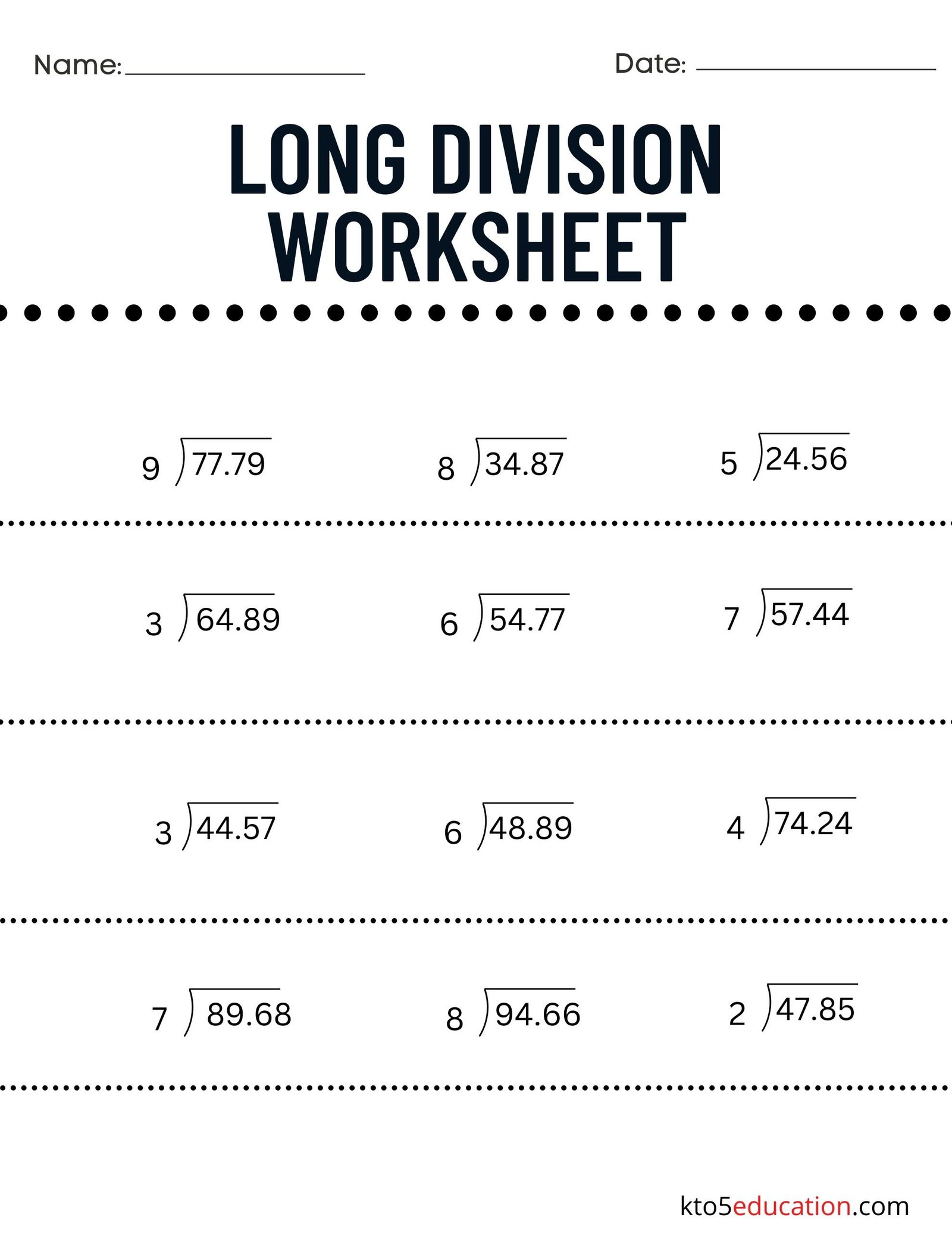 Decimal Long Division Worksheet