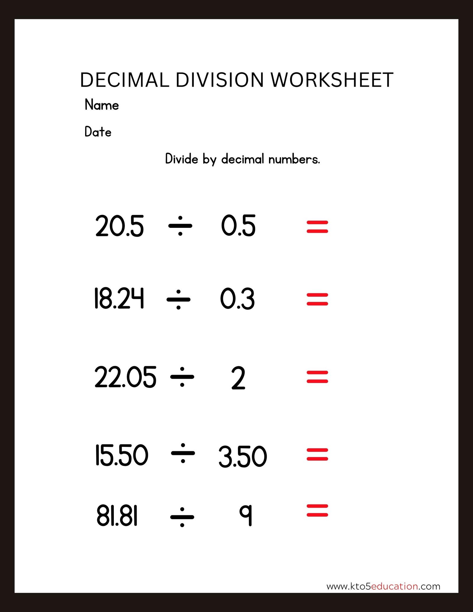 Decimals Division Worksheet