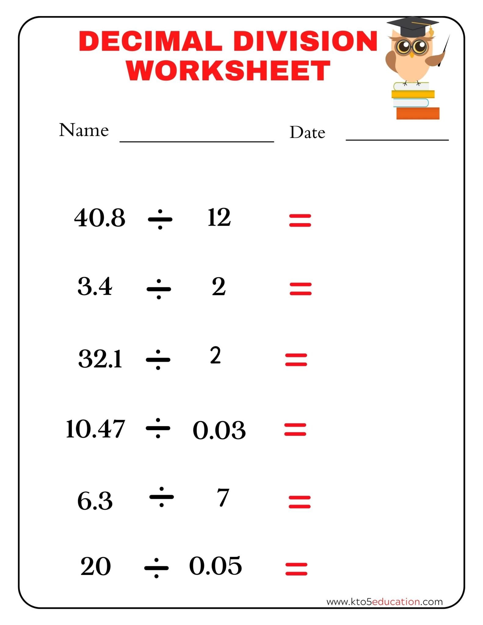 Decimals Division Worksheets Fifth Grade FREE Download