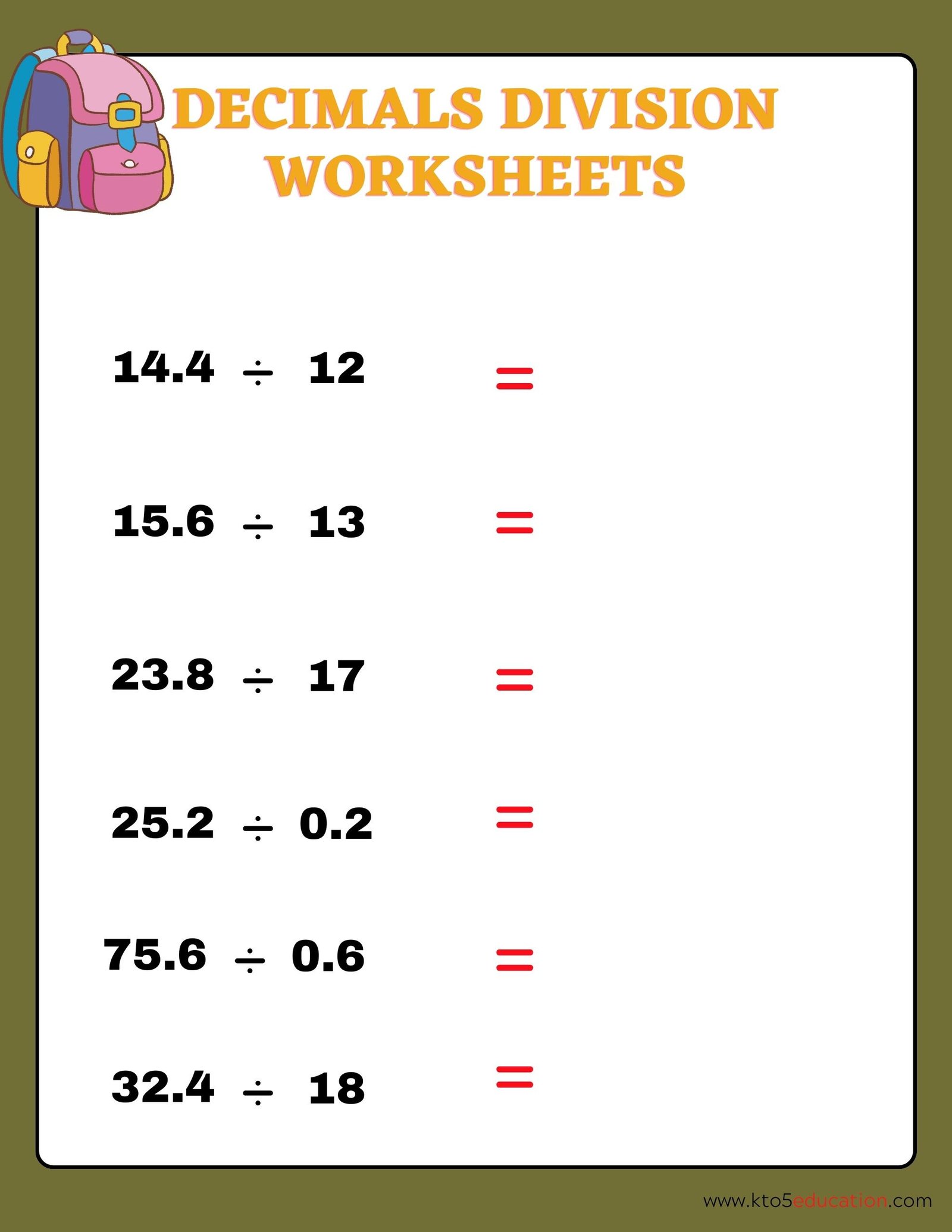 Division By Decimals Worksheets Fourth Grade