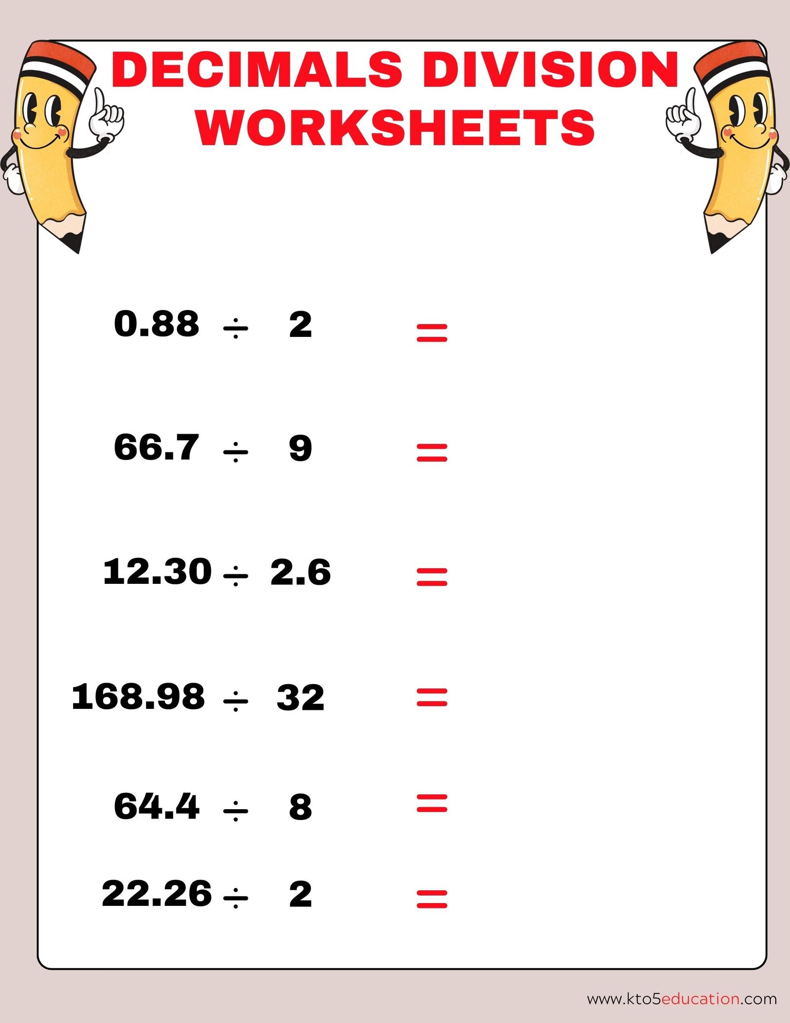 Division With Decimal Worksheets Fifth Grade
