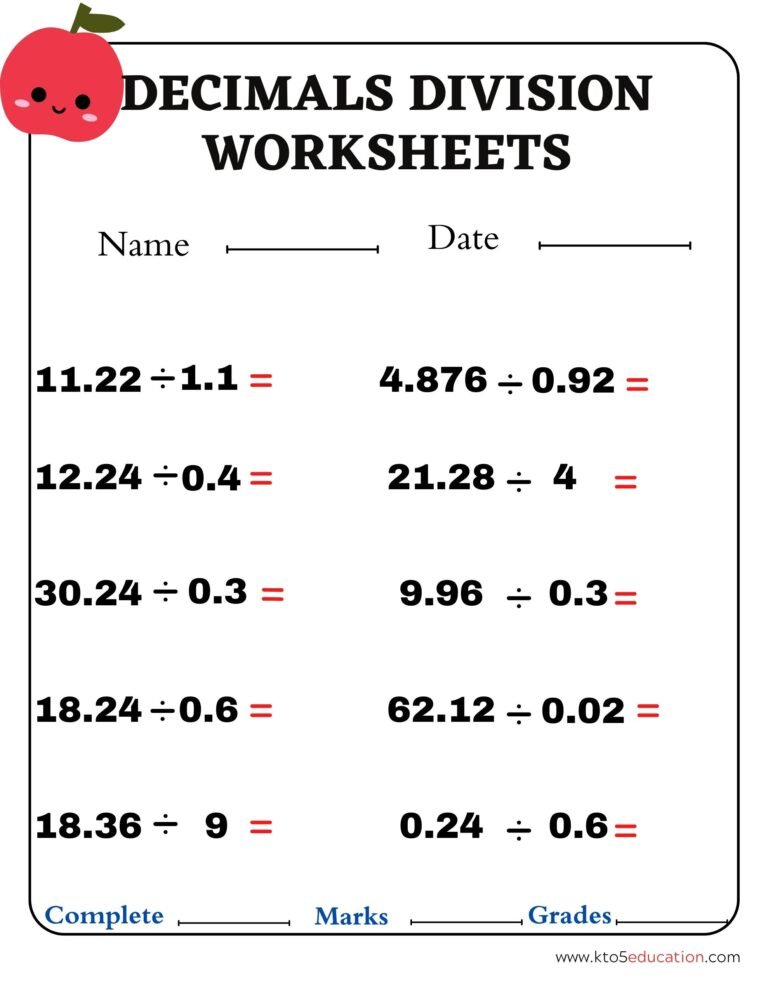 Division of Decimals Worksheet 4th Grade | FREE Download