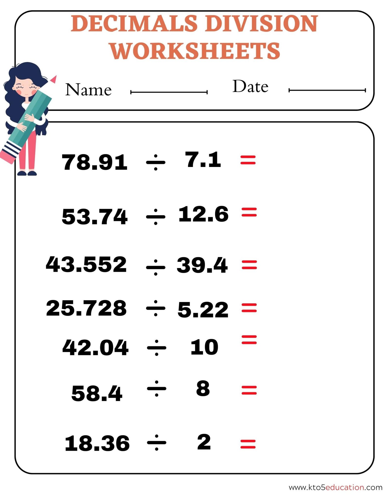 Division of Decimals Worksheet 6th Grade | FREE Download