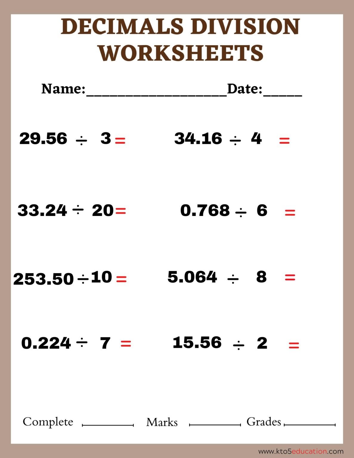 Division Of Decimals Worksheet Fifth Grade Free Download 