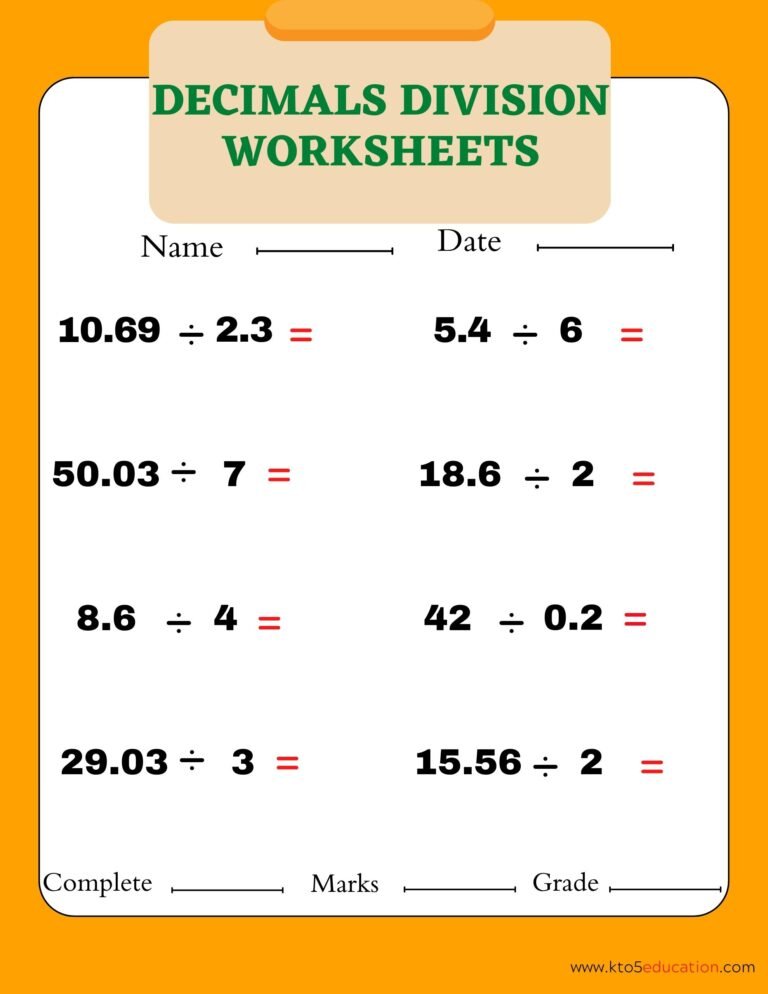 Division of Decimals Worksheet First Grade | FREE Download