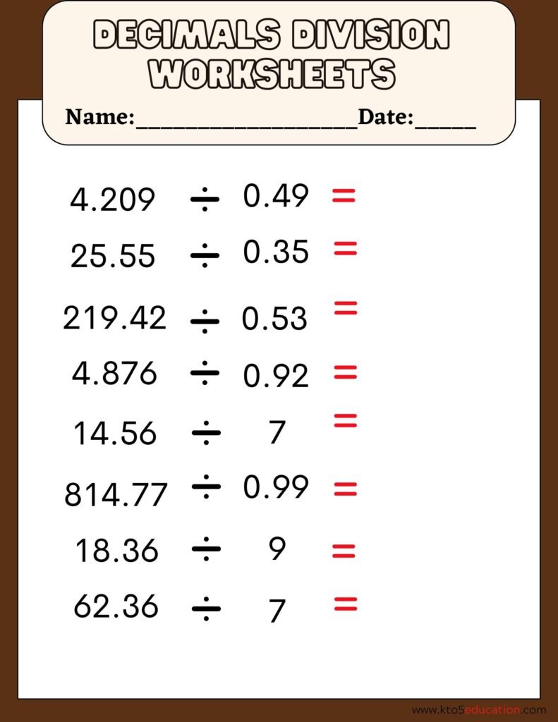 Division of Decimals Worksheet Sixth Grade | FREE