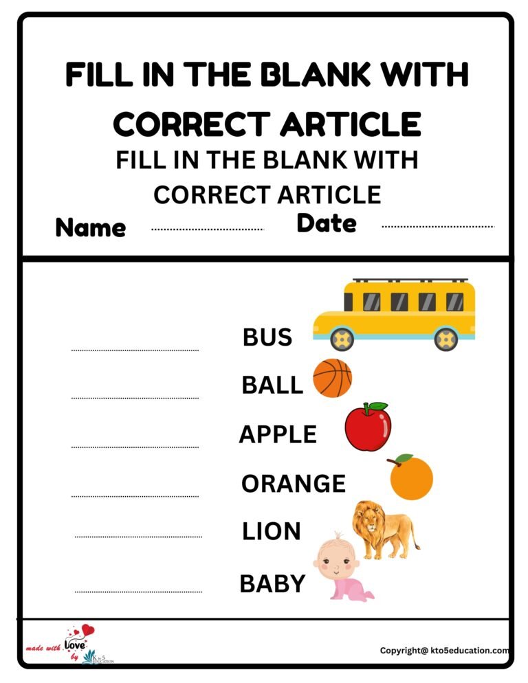 Fill In The Blank With Correct Article Worksheet | FREE Download