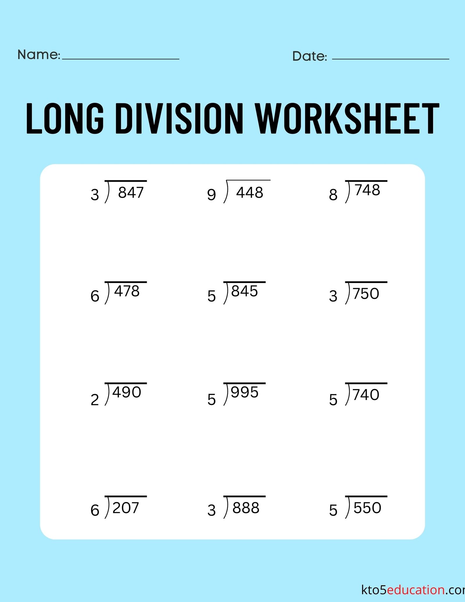 Long Division Practice Worksheet
