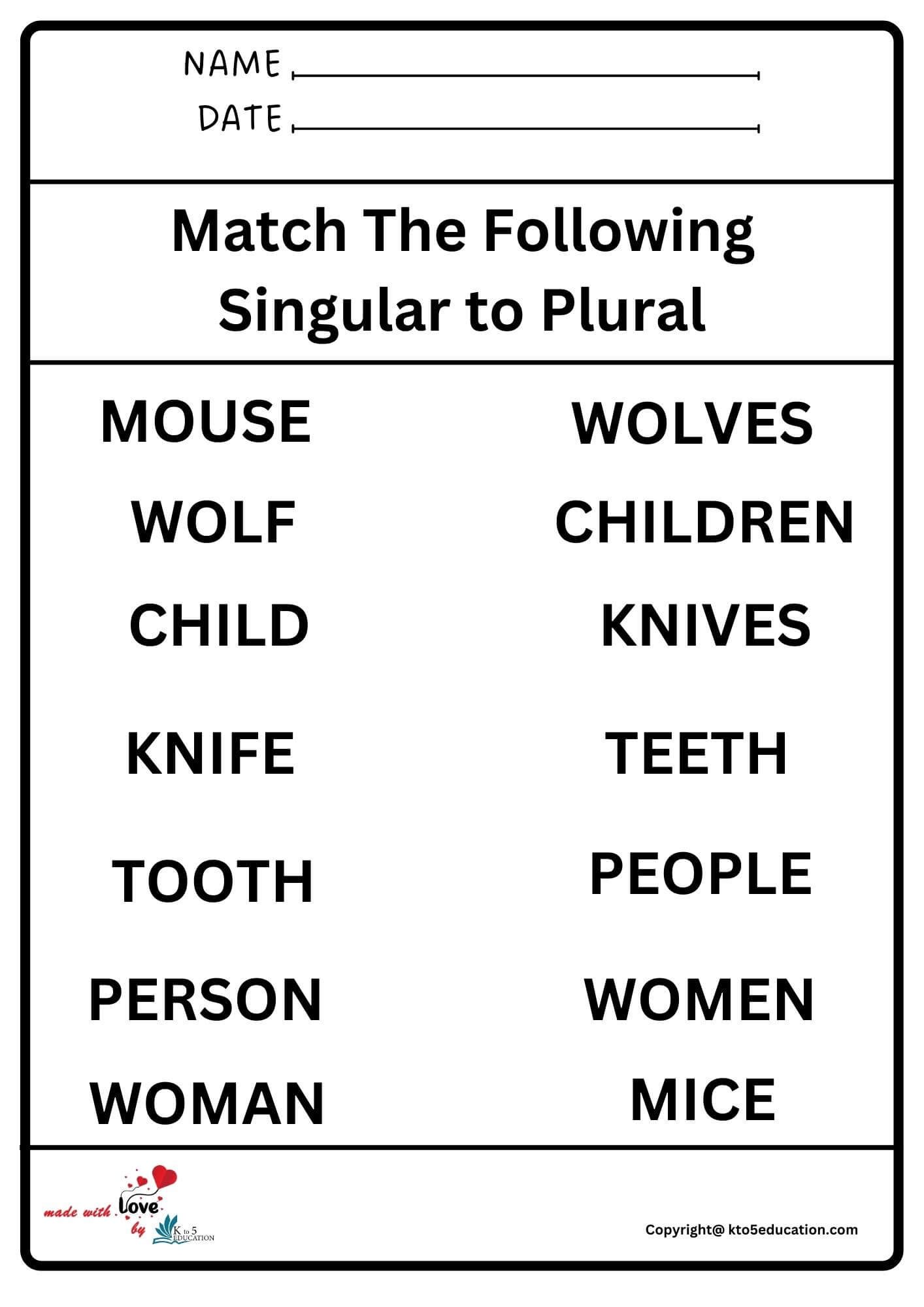 Match The Following Singular To Plural Worksheet 2