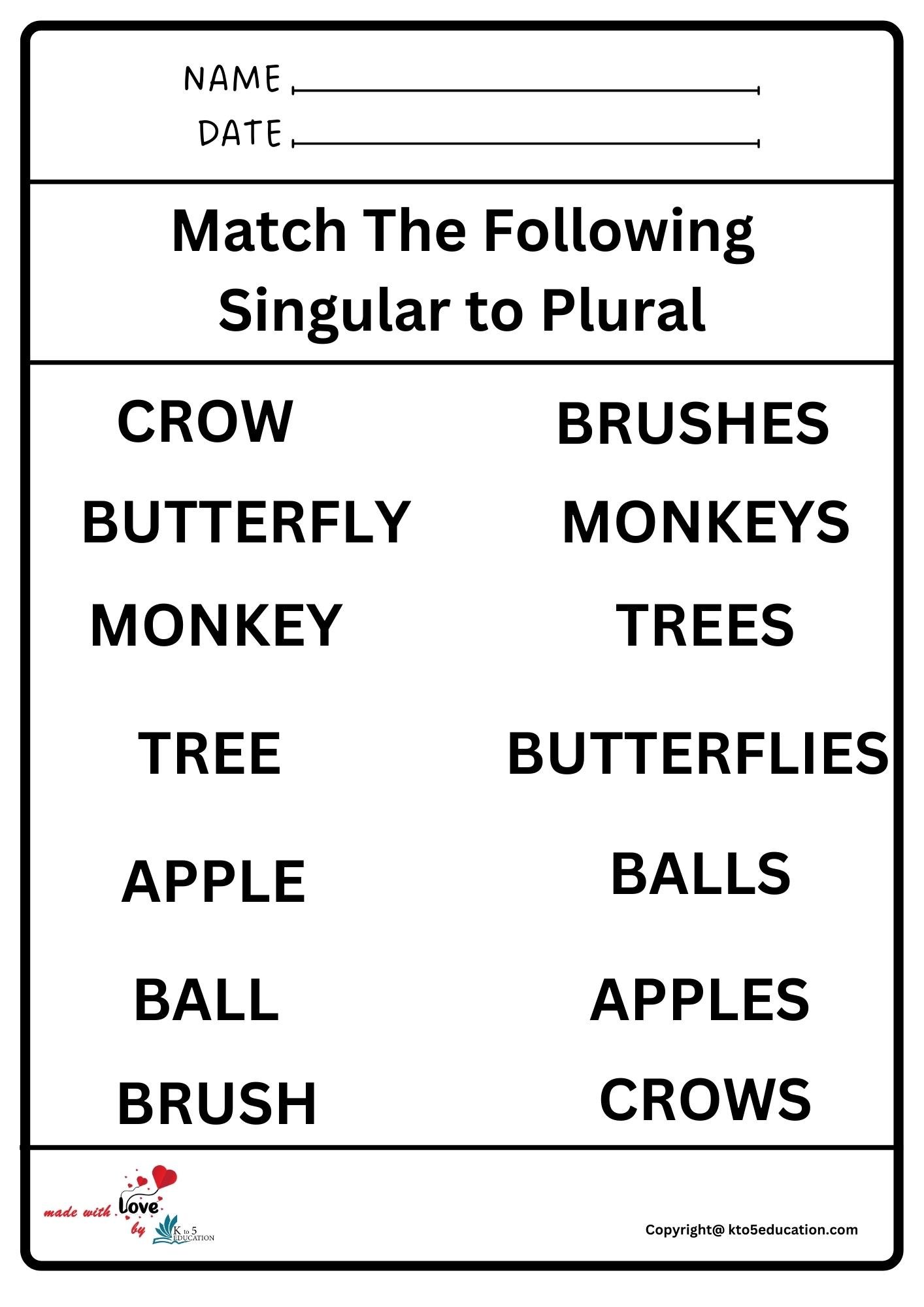 Match The Following Singular To Plural Worksheet