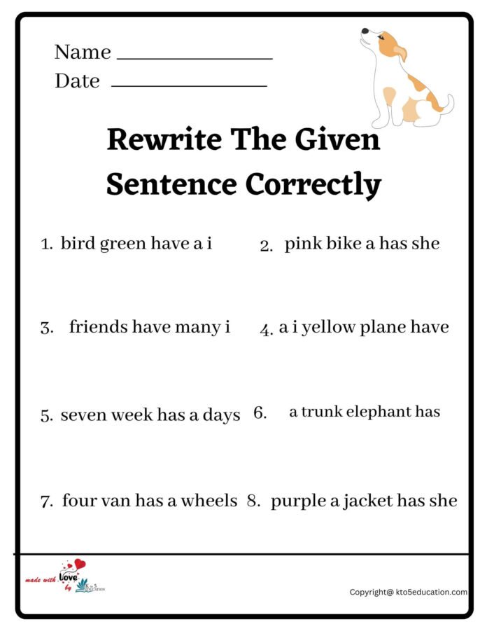 Rewrite The Sentence Correctly Worksheet For Class 2