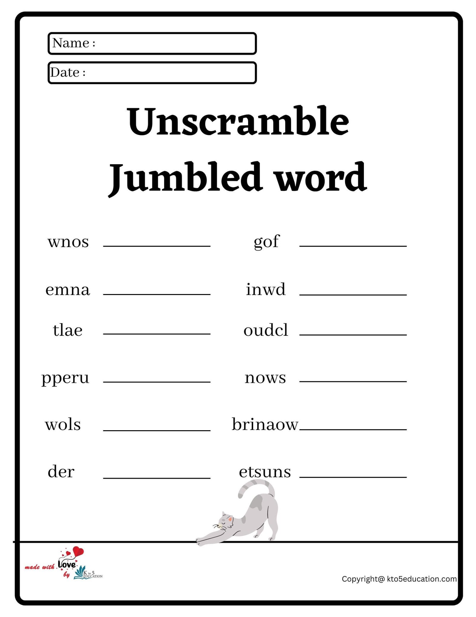 Unscramble Jumbled Word Worksheet