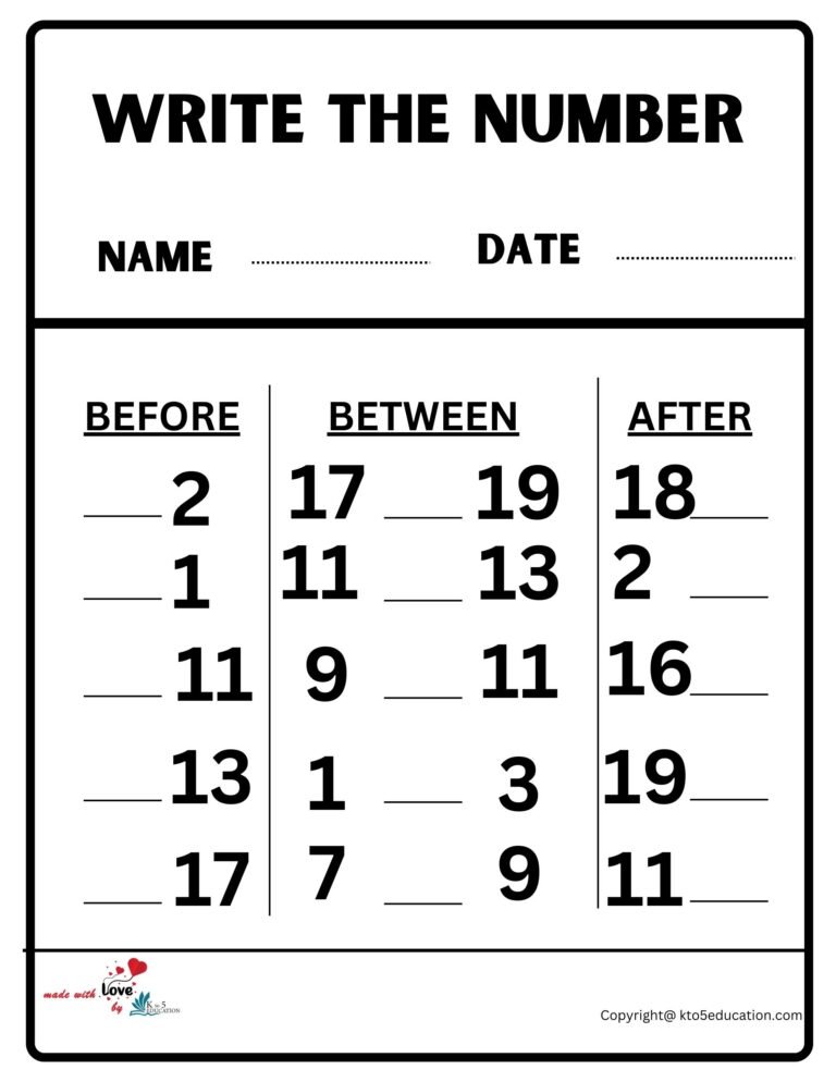 Write Before and After And Between Worksheet