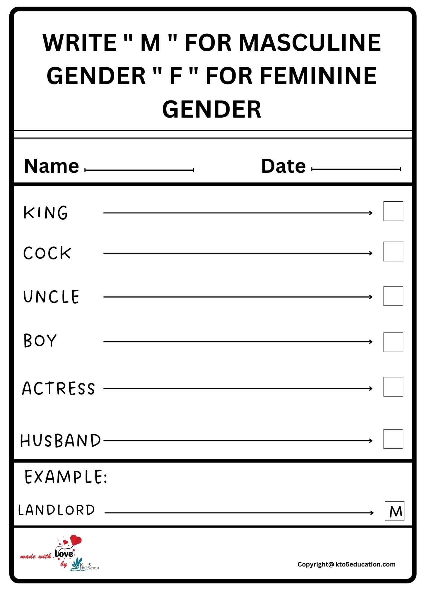 Write M For Masculine Gender And F For Feminine Gender Worksheet 2