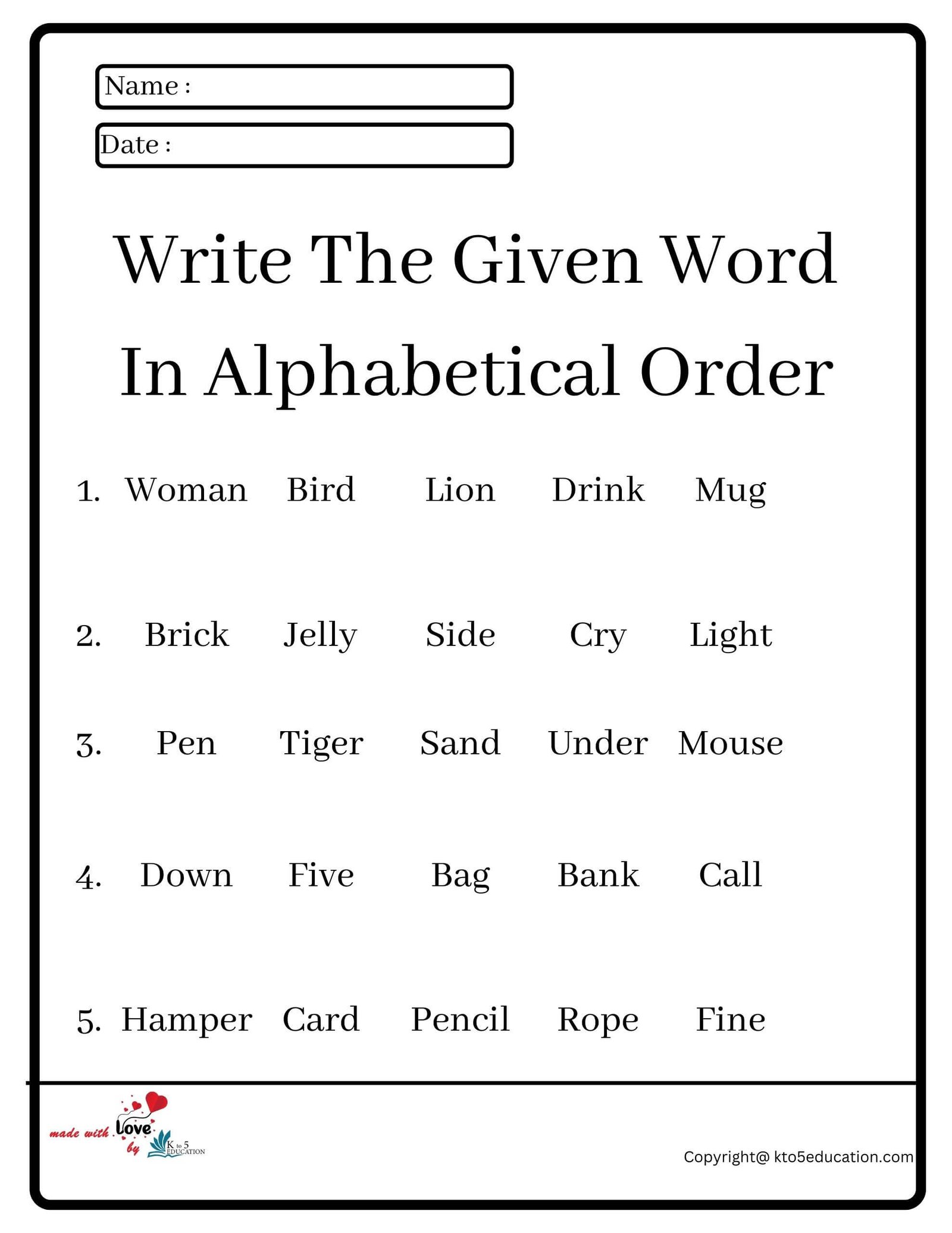 Write The Given Word In Alphabetical Order Worksheet 2