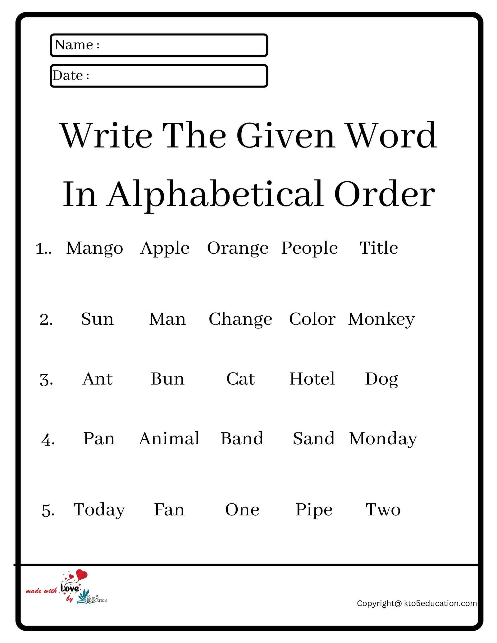Write The Given World In Alphabetical Order Worksheet