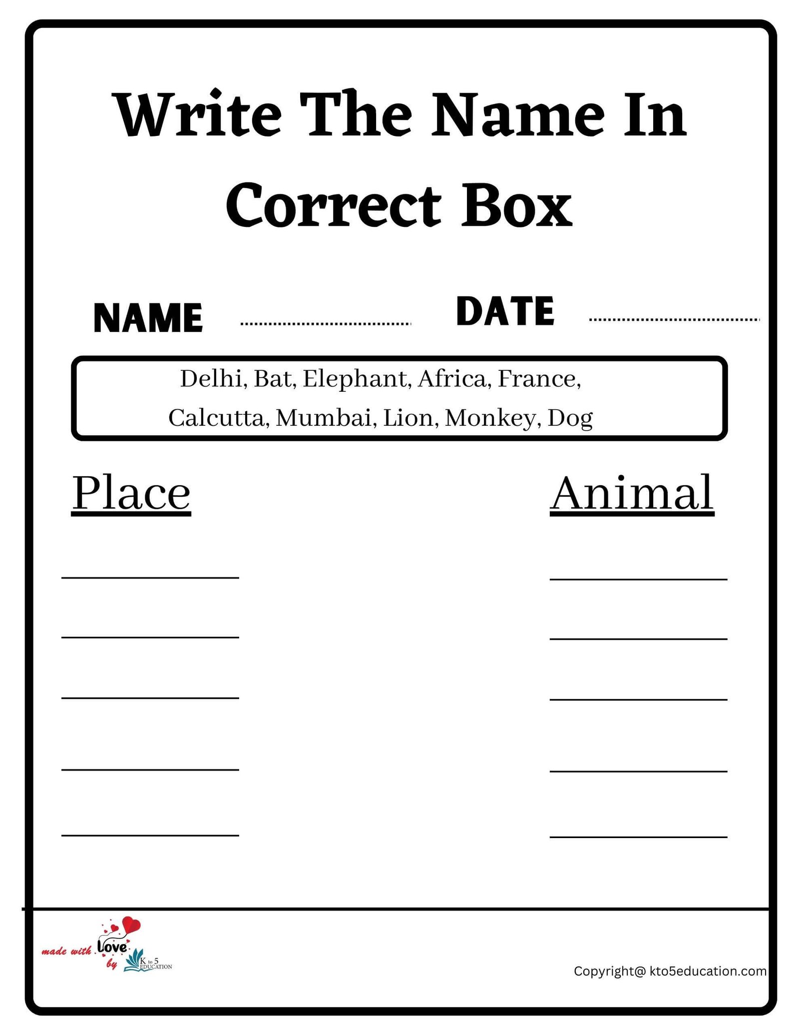 Write The Name In Correct Box Worksheet 2