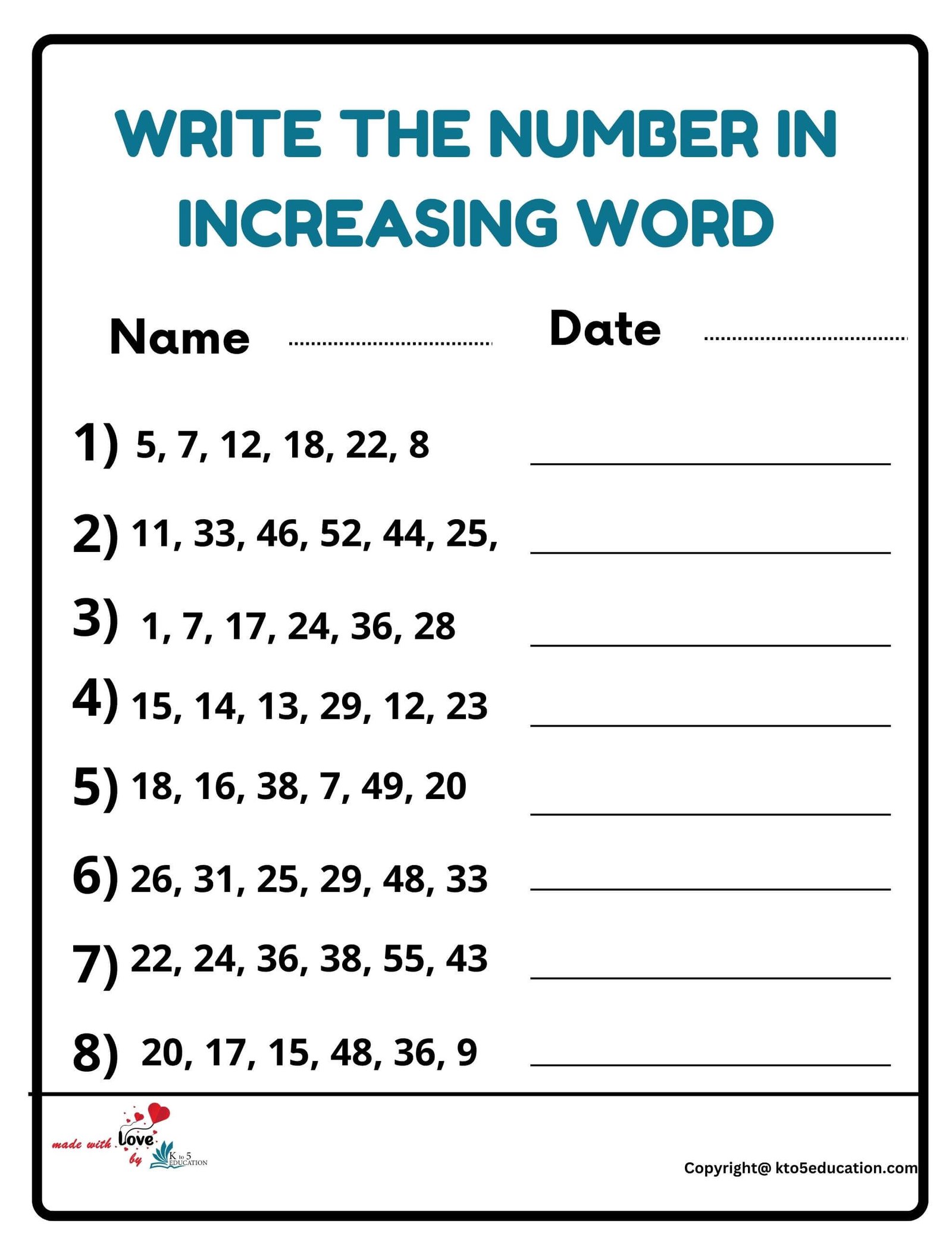 Write The Number In Increasing Word Worksheet
