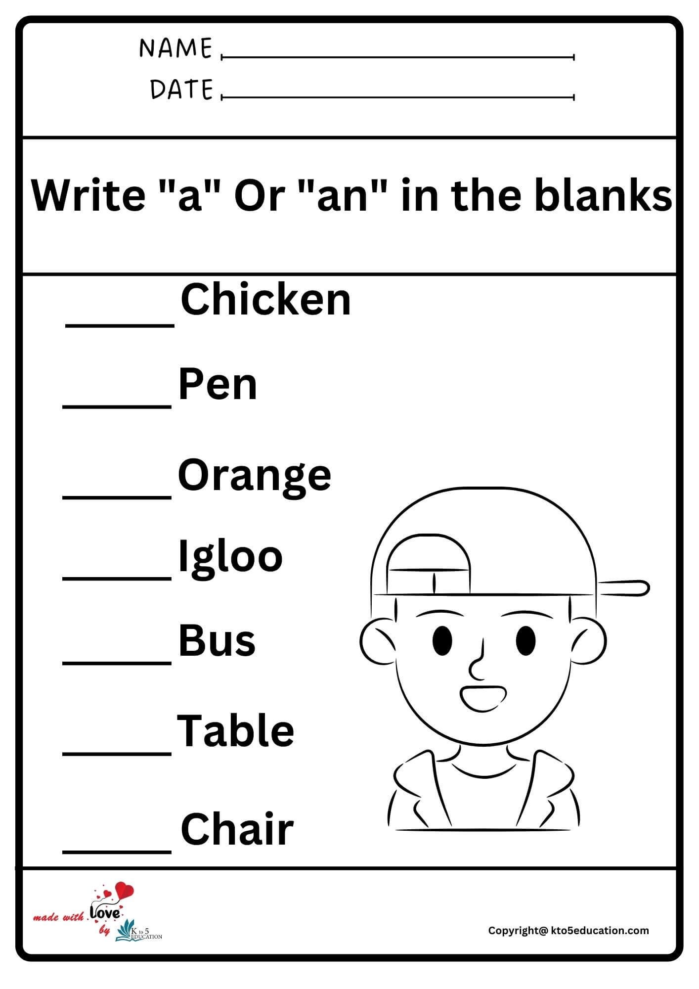 Write a or an In The Blanks Worksheet 2