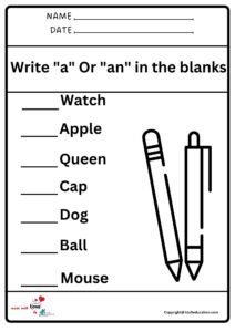 Write a or an In The Blanks Worksheet