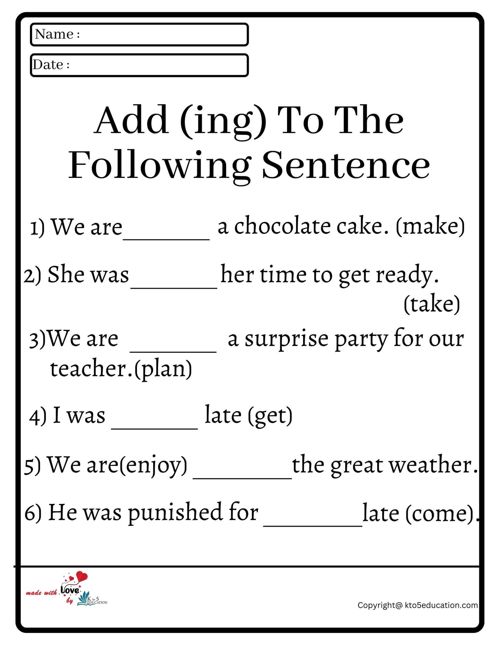 Add (ing) To The Following Sentence Worksheet 2