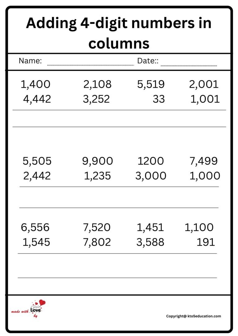 Adding 4- Digit Numbers In columns Worksheet 2