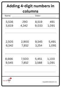 Adding 4- Digit Numbers In columns Worksheet