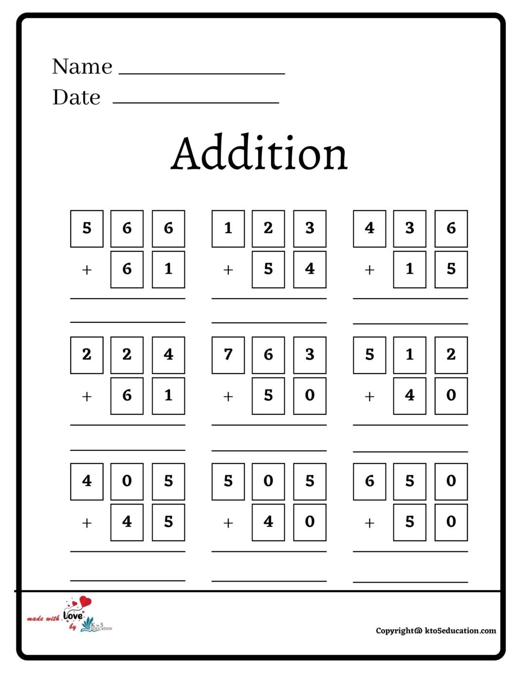 Addition Worksheet 3 Numbers
