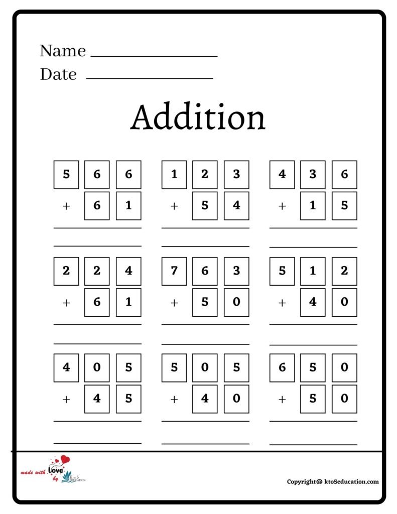 Addition Worksheet Three Rows Down