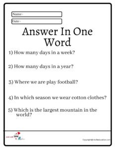 Answer In One Word Worksheet 2