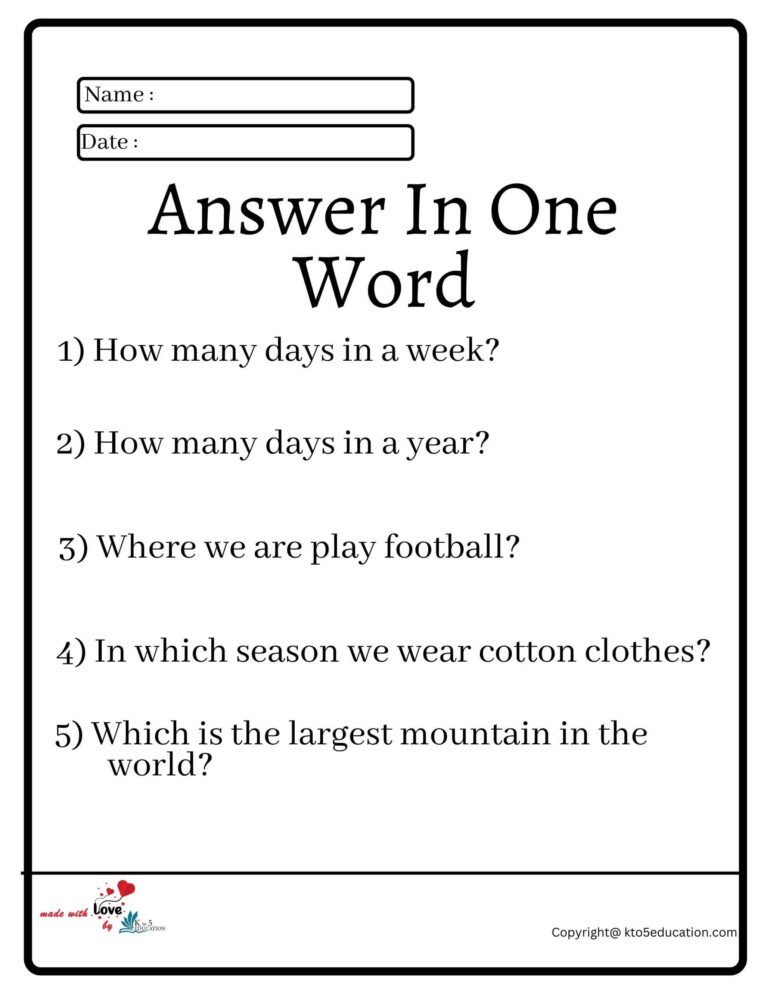 Answer In One Word Worksheet 2