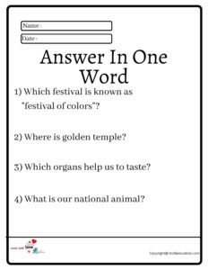 Answer In One Word Worksheet