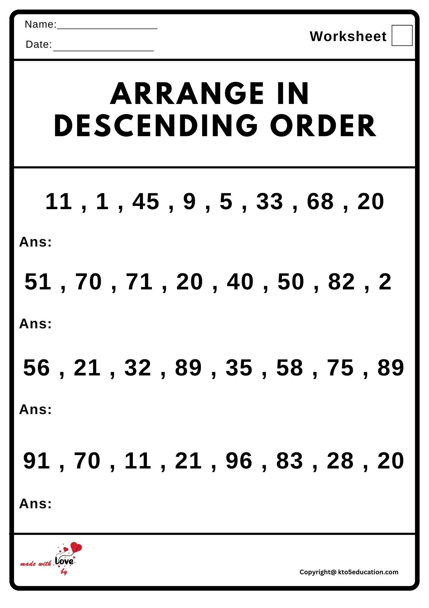 Arrange In descending Order Worksheet 2