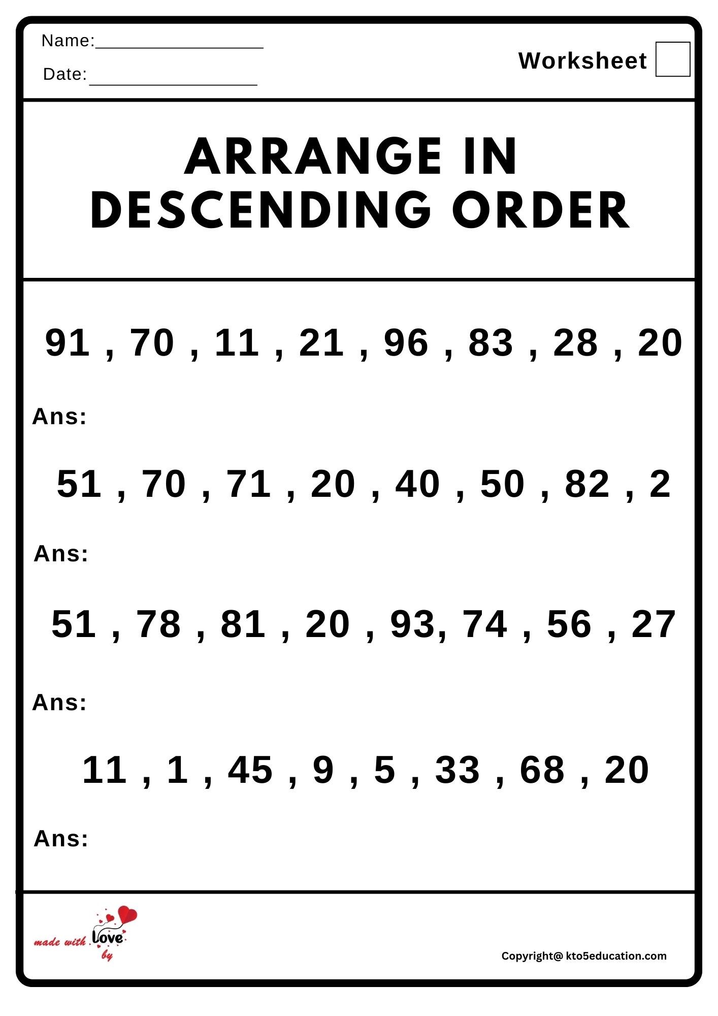 Arrange In Descending Order Worksheet FREE Download