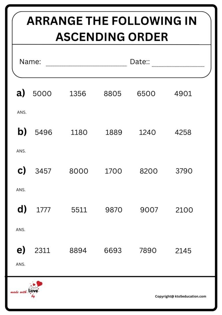 Arrange The Following In Ascending Order Worksheet