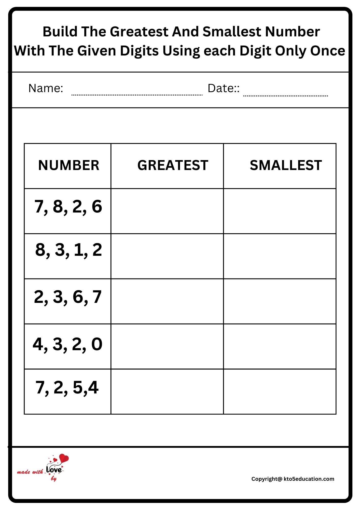 Build The Greatest And Smallest Number With The Given Digits Using Each Digit Only Once Worksheet