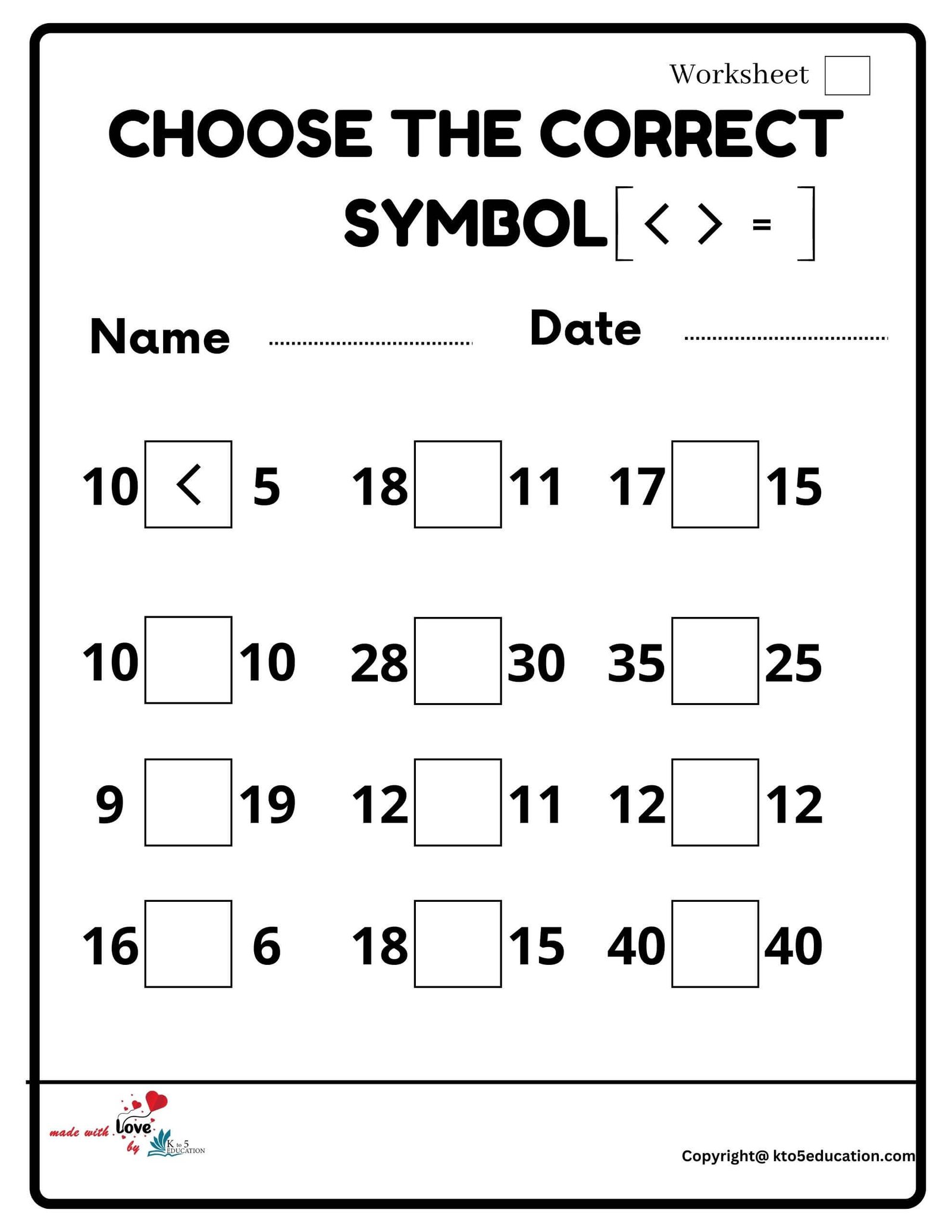 Choose The Correct Symbol Worksheet 2