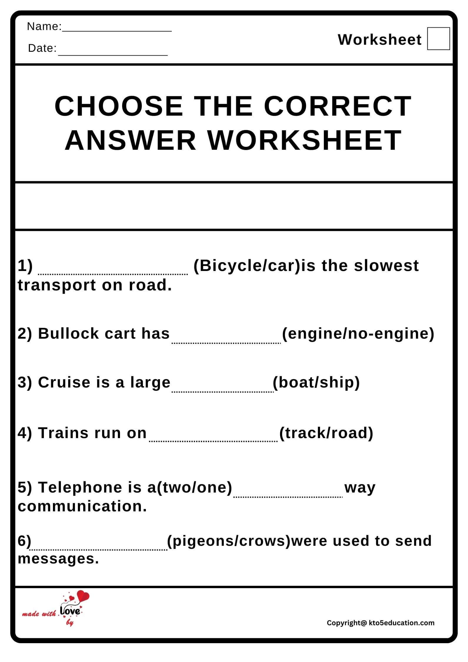 Choose The Correct Answer Worksheet