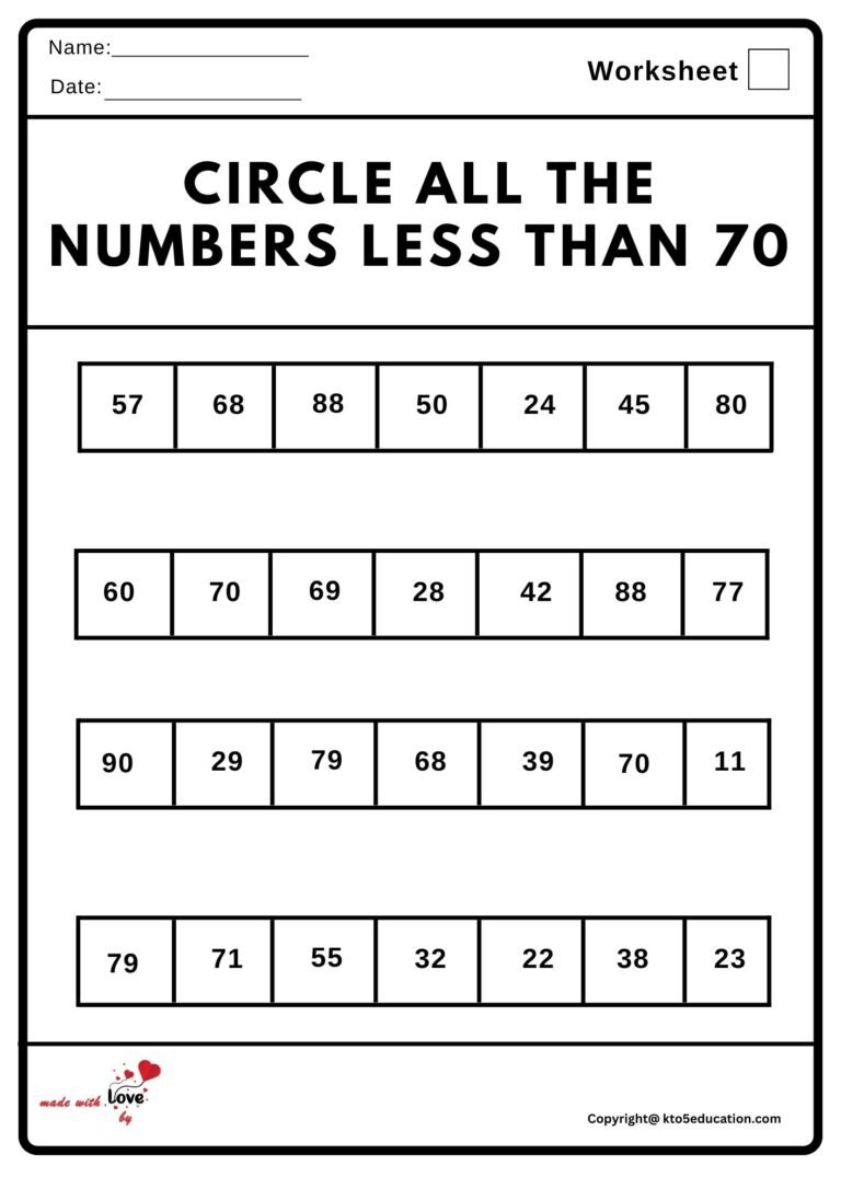 Circle All the Numbers Less than 70 Worksheet