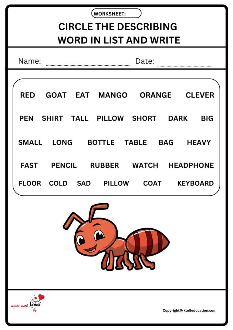 Circle The Describing Word In List And Write Worksheet