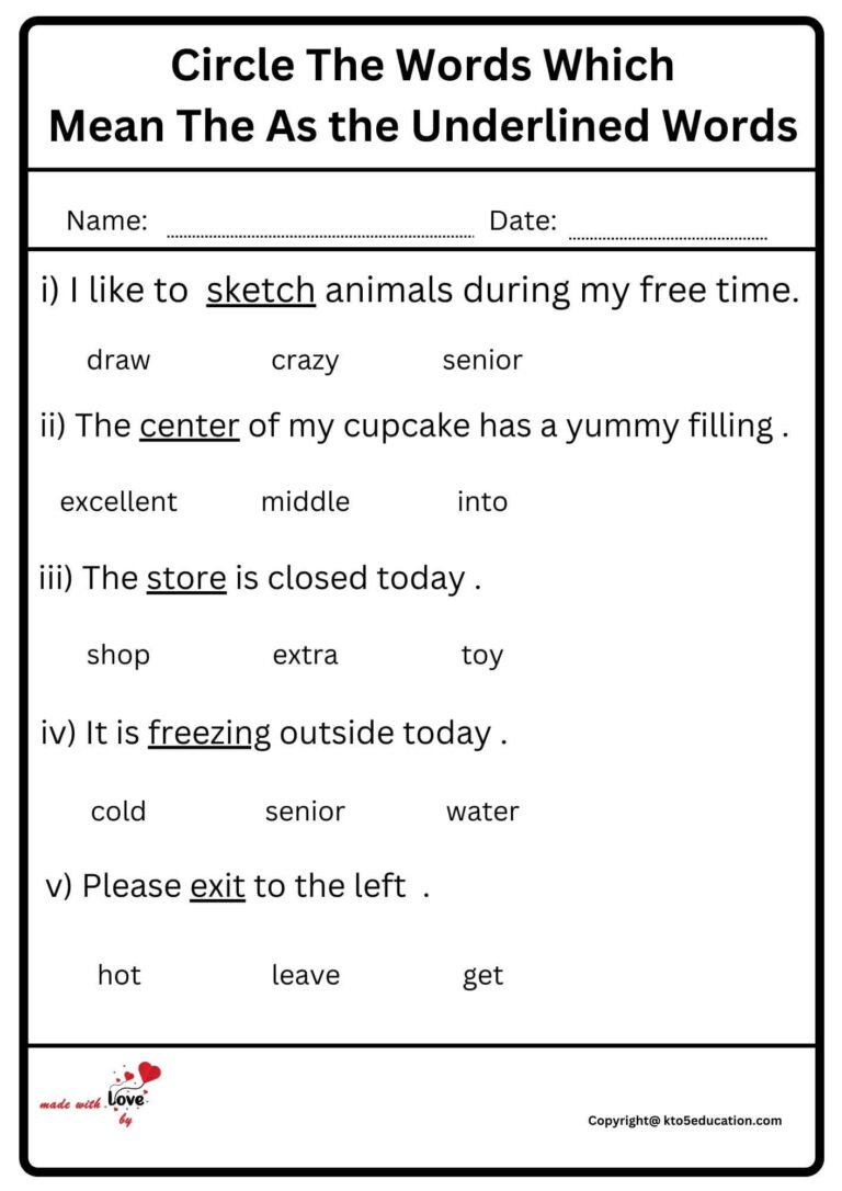 Circle The Word Which Mean The As The Underlined Words Worksheet | FREE Download 