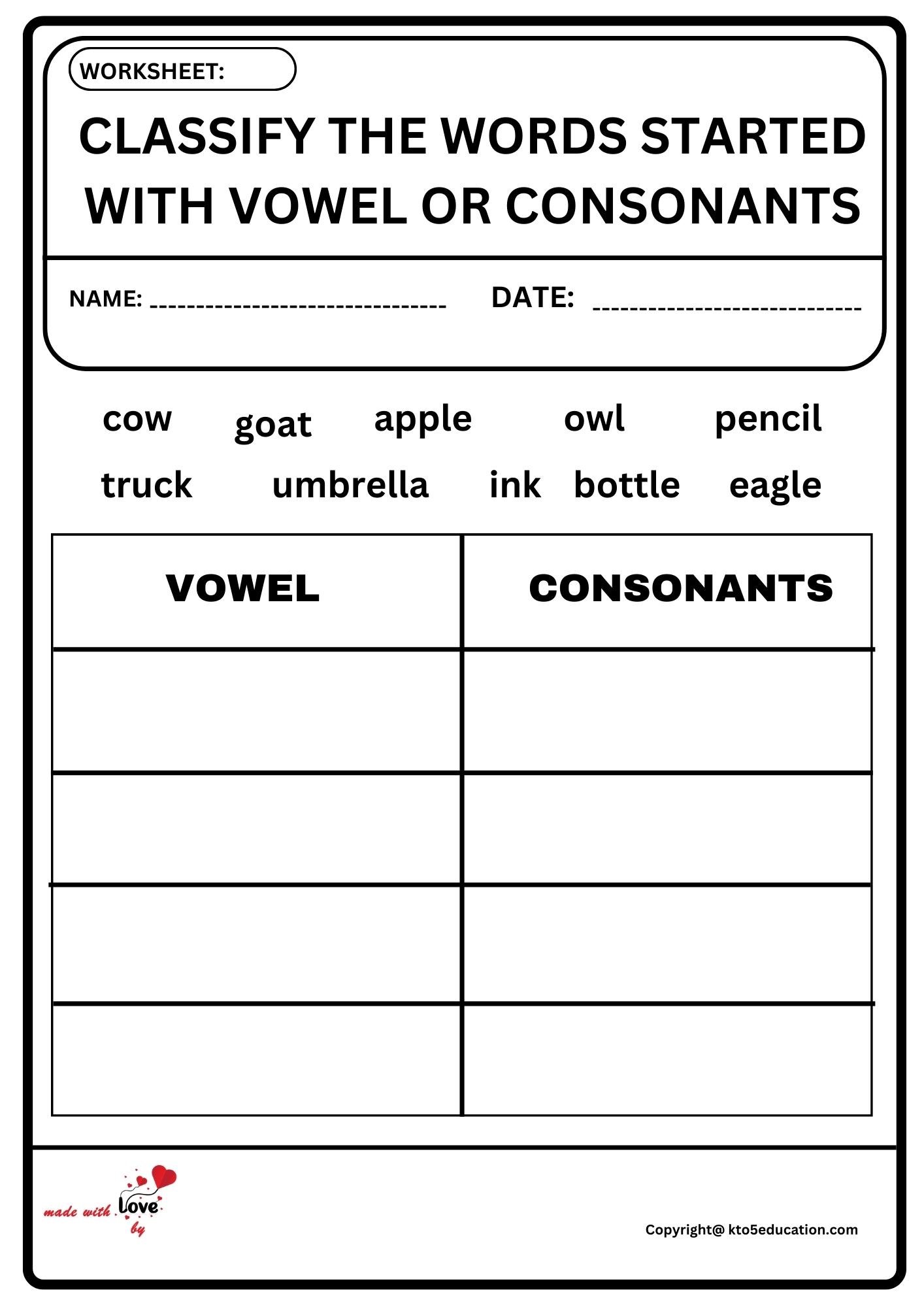 Classify The Words Started With Vowel Or Consonants Worksheet 2