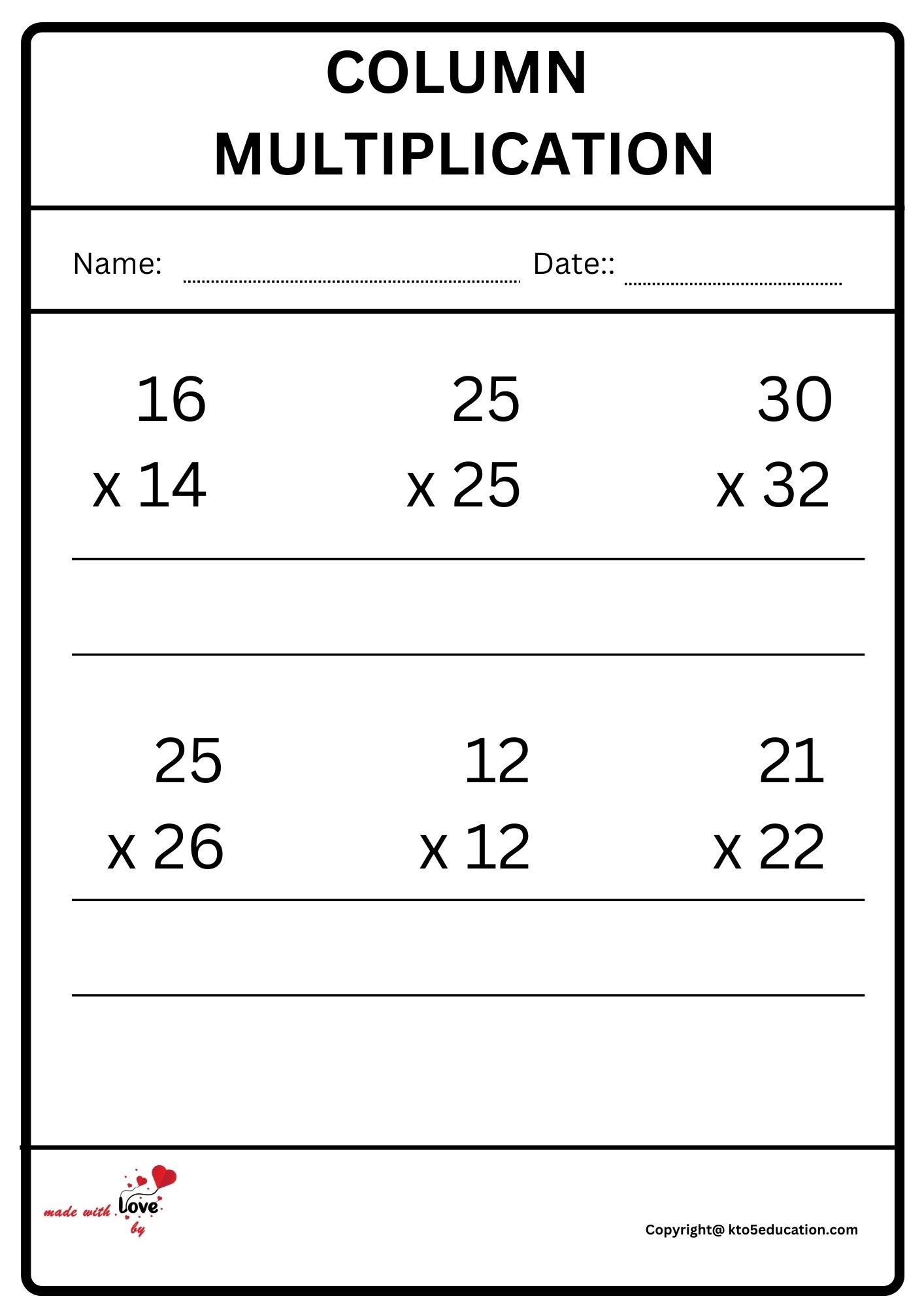 Column Multiplication Worksheet 2